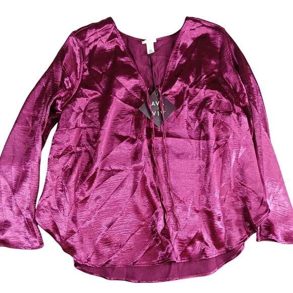 Ava & Viv Shirt Womens XXL 2XL Pink Shiny Blouse Long Sleeve V Neck Flowy NWT - Picture 1 of 8
